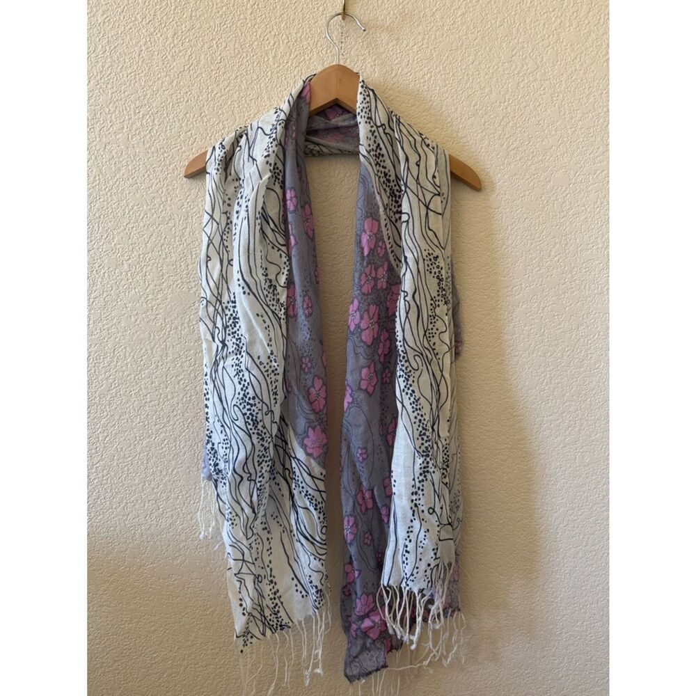 Wool Pashmina Floral Gray and Pink Wrap Scarf